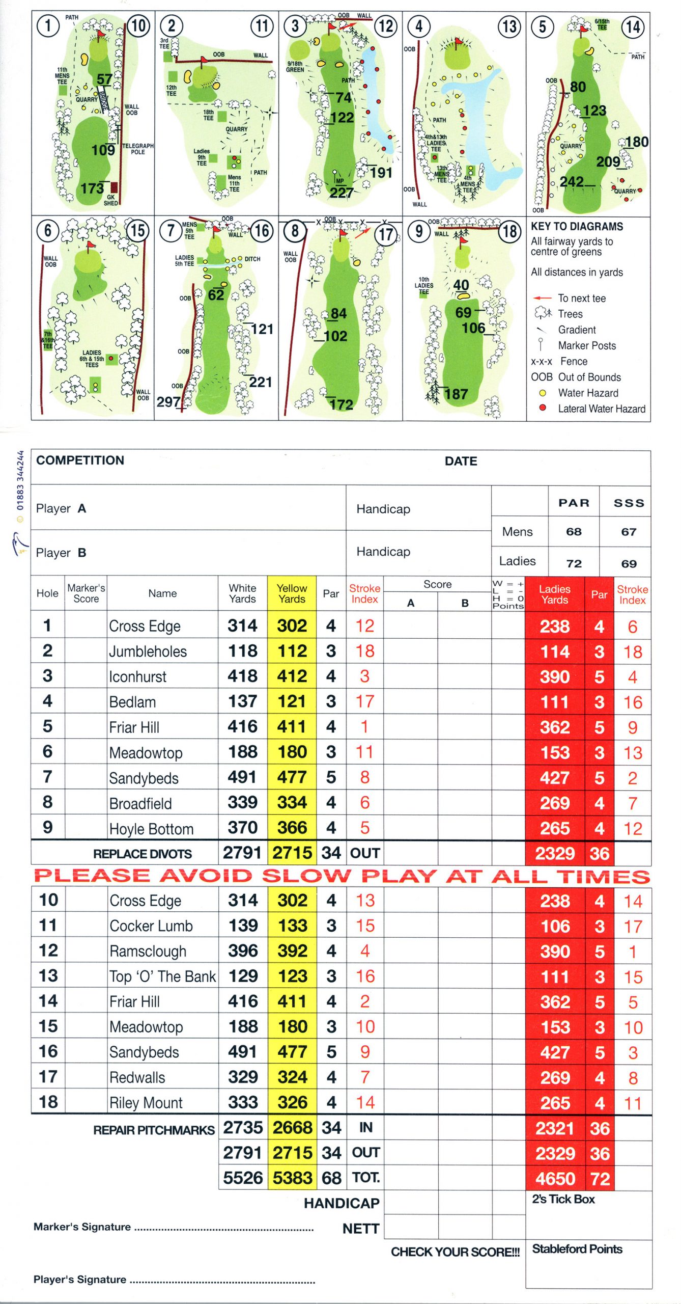 Score Card Green Haworth Golf Club